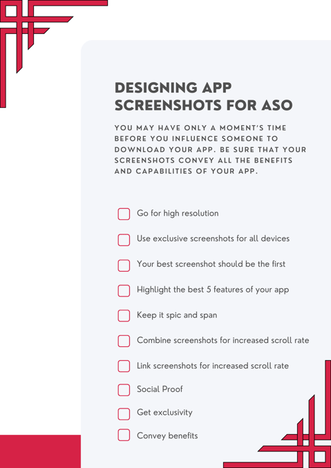 Designing app screenshots for ASO checklist