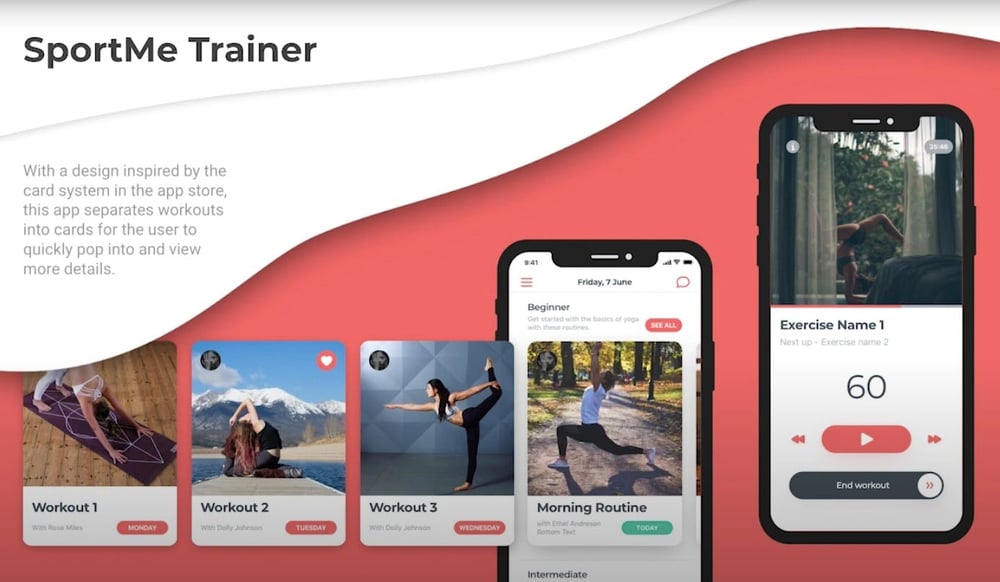 5 app designs: SportMe Trainer app screenshots