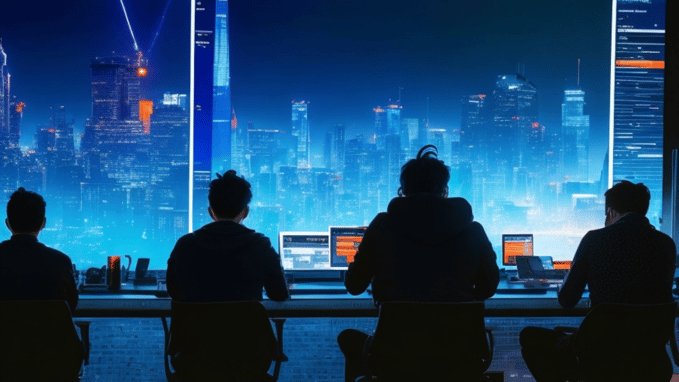 software developers in a futuristic office, as a concept of layers of building on chatGPT