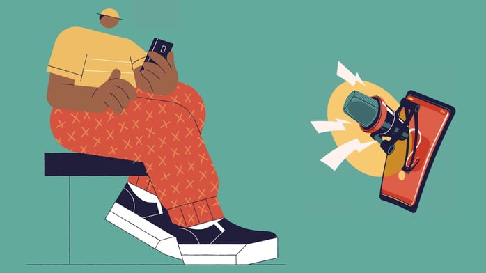 vectorial image of man scrolling his smartphone, as a concept of tech podcasts 